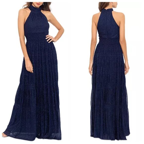 Betsy Adam Sammi Long Glitter Mesh Mock Neck Formal Dress Sz 10 in Navy - Picture 1 of 11